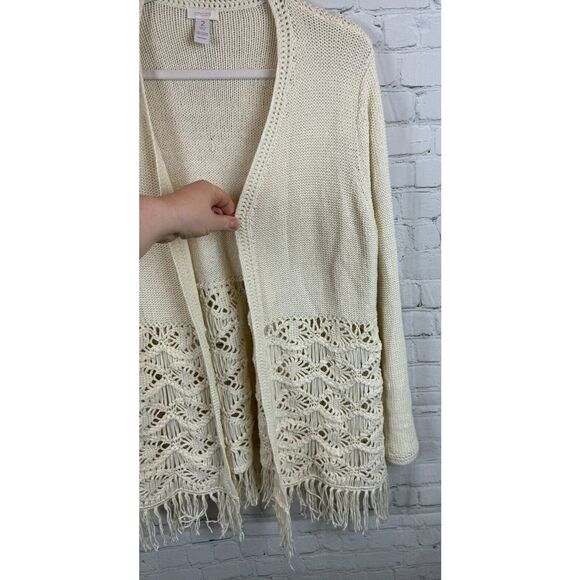 CHICO'S ivory cotton blend knit lace fringe open front cardigan sweater size 2 L - Picture 3 of 9